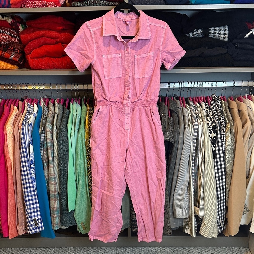 Cat & Jack pink button front short sleeve elastic waistband jumpsuit size 14/16